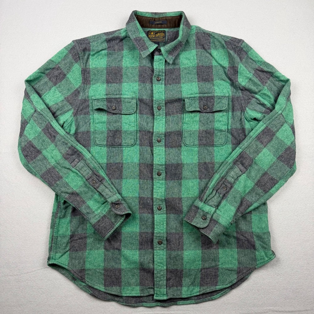 Lucky Brand Mens L Green Plaid Saturday Stretch Flannel Shirt Button Down Pocket